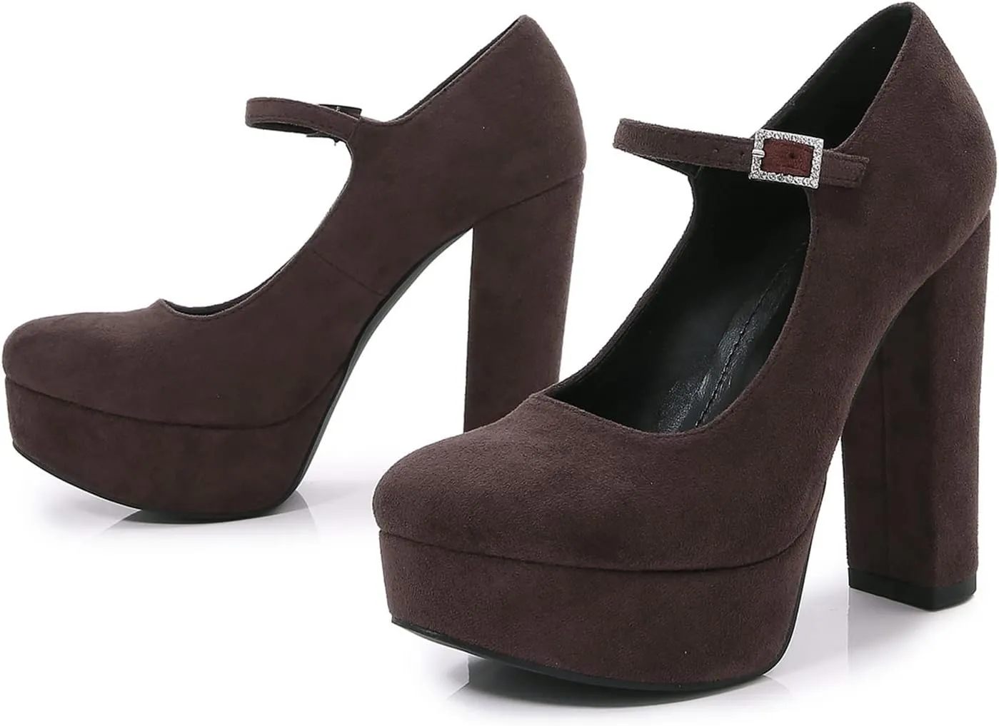 bbruriy Solid Color Suede Platform Heels for Women Round Closed Toe Ankle Strap Chunky Block Heel Pump Comfort Classic Shoes 4.7Inch/12Cm