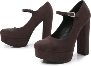 bbruriy Solid Color Suede Platform Heels for Women Round Closed Toe Ankle Strap Chunky Block Heel Pump Comfort Classic Shoes 4.7Inch/12Cm