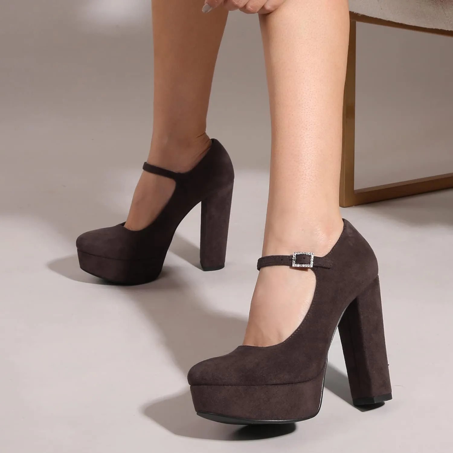 bbruriy Solid Color Suede Platform Heels for Women Round Closed Toe Ankle Strap Chunky Block Heel Pump Comfort Classic Shoes 4.7Inch/12Cm