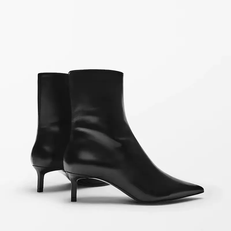 Beth Pointed Leather Kitten Heel Boots