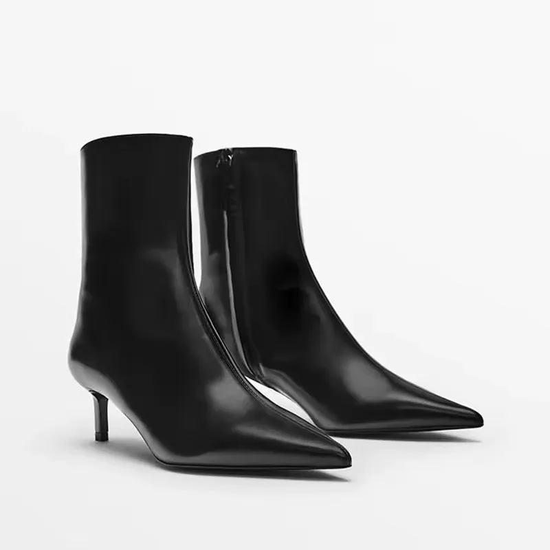 Beth Pointed Leather Kitten Heel Boots