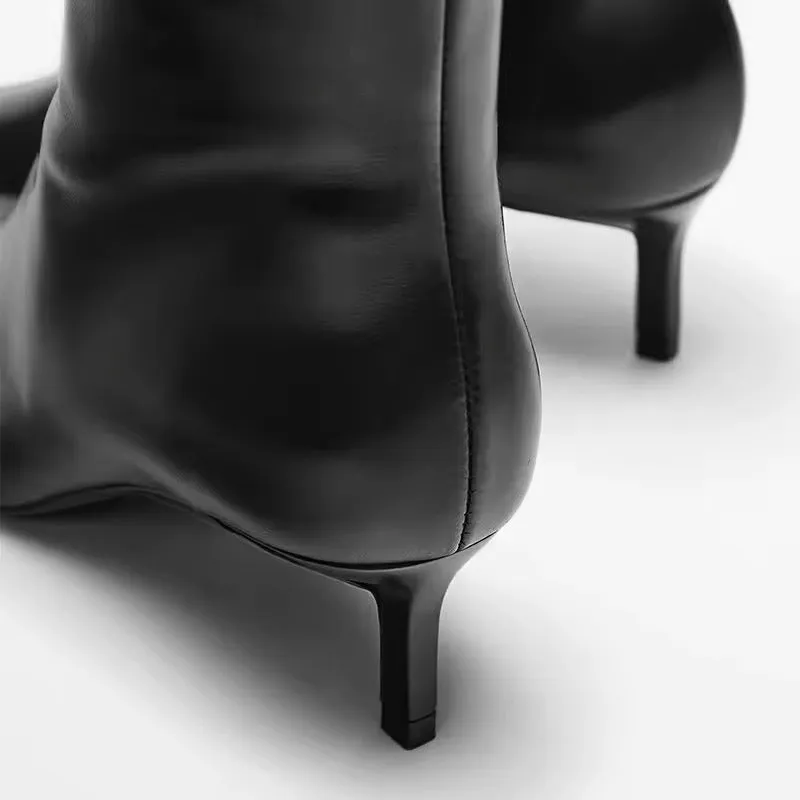 Beth Pointed Leather Kitten Heel Boots