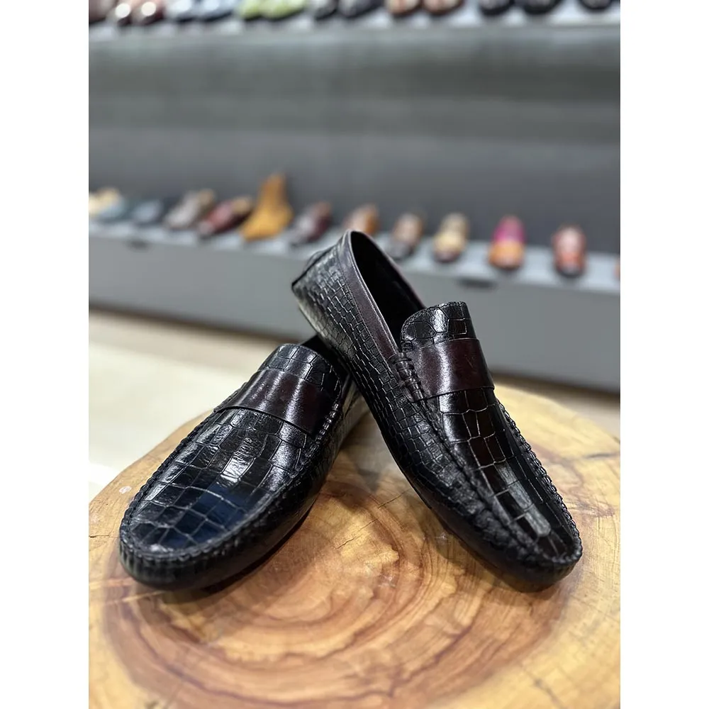 Black Croco Mirror Glossed Driving Loafer With Burgundy Saddle