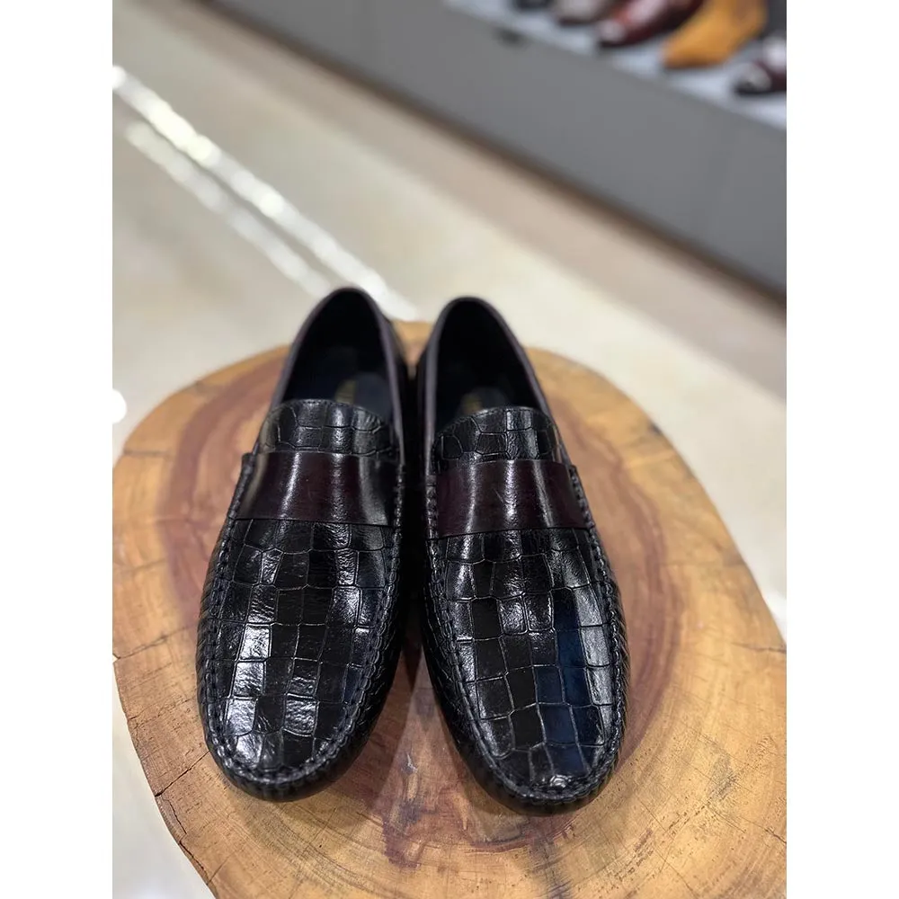 Black Croco Mirror Glossed Driving Loafer With Burgundy Saddle