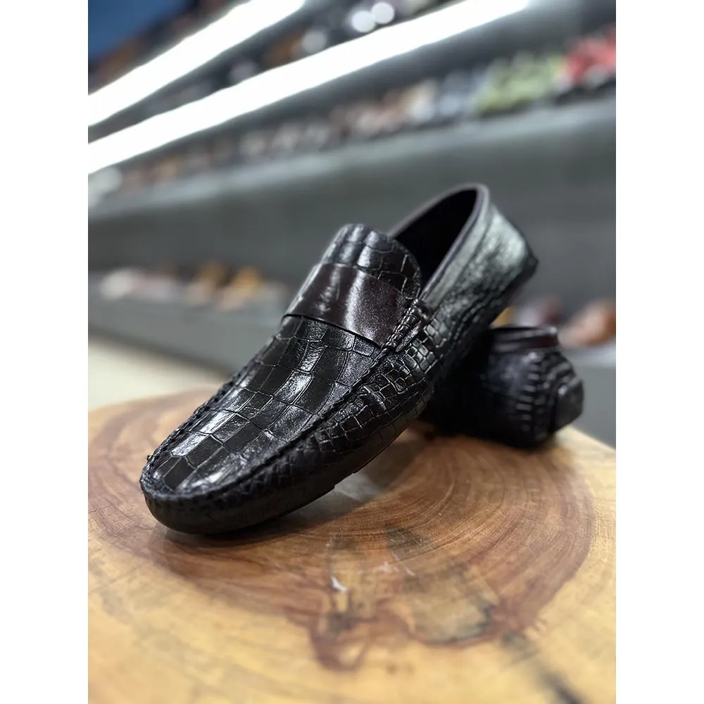 Black Croco Mirror Glossed Driving Loafer With Burgundy Saddle