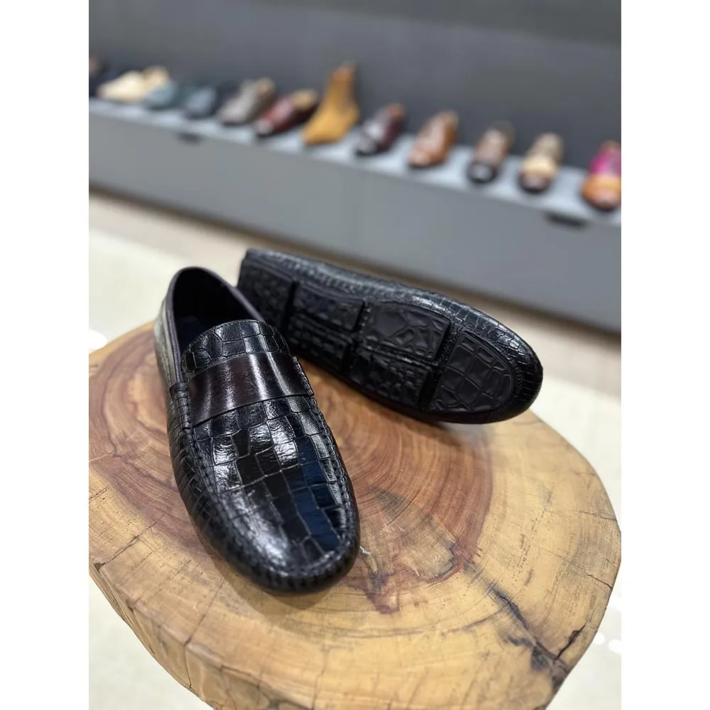 Black Croco Mirror Glossed Driving Loafer With Burgundy Saddle