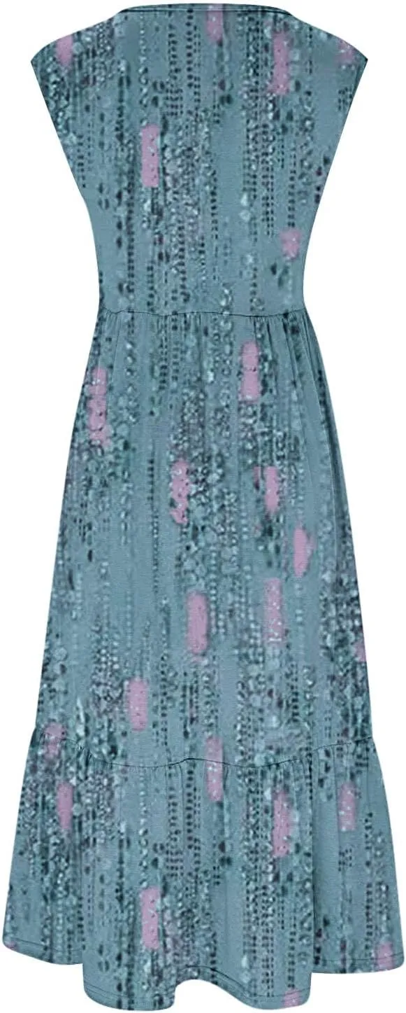 Boho Dresses for Women 2024 High Waist Ruched Maxi Tank Dresses Pockets Summer Hawaiian Dress Vacation Trendy