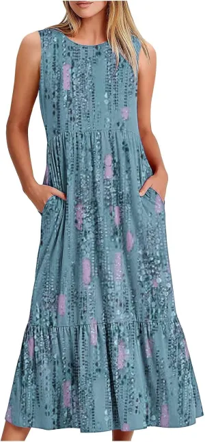 Boho Dresses for Women 2024 High Waist Ruched Maxi Tank Dresses Pockets Summer Hawaiian Dress Vacation Trendy