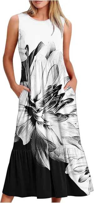 Boho Dresses for Women 2024 High Waist Ruched Maxi Tank Dresses Pockets Summer Hawaiian Dress Vacation Trendy
