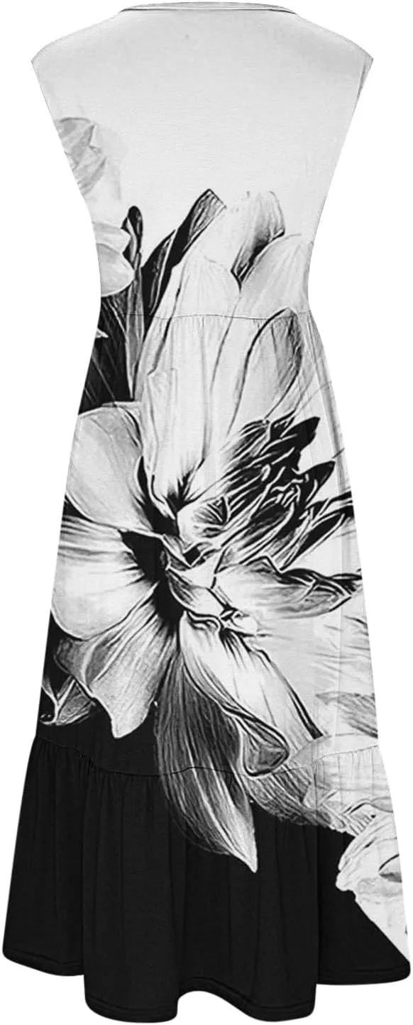 Boho Dresses for Women 2024 High Waist Ruched Maxi Tank Dresses Pockets Summer Hawaiian Dress Vacation Trendy