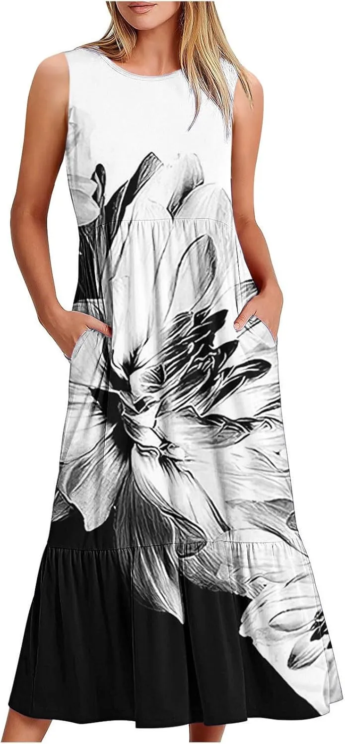 Boho Dresses for Women 2024 High Waist Ruched Maxi Tank Dresses Pockets Summer Hawaiian Dress Vacation Trendy
