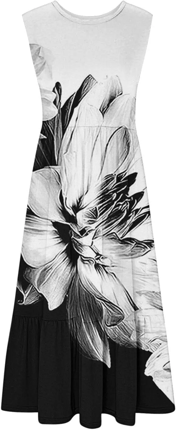 Boho Dresses for Women 2024 High Waist Ruched Maxi Tank Dresses Pockets Summer Hawaiian Dress Vacation Trendy