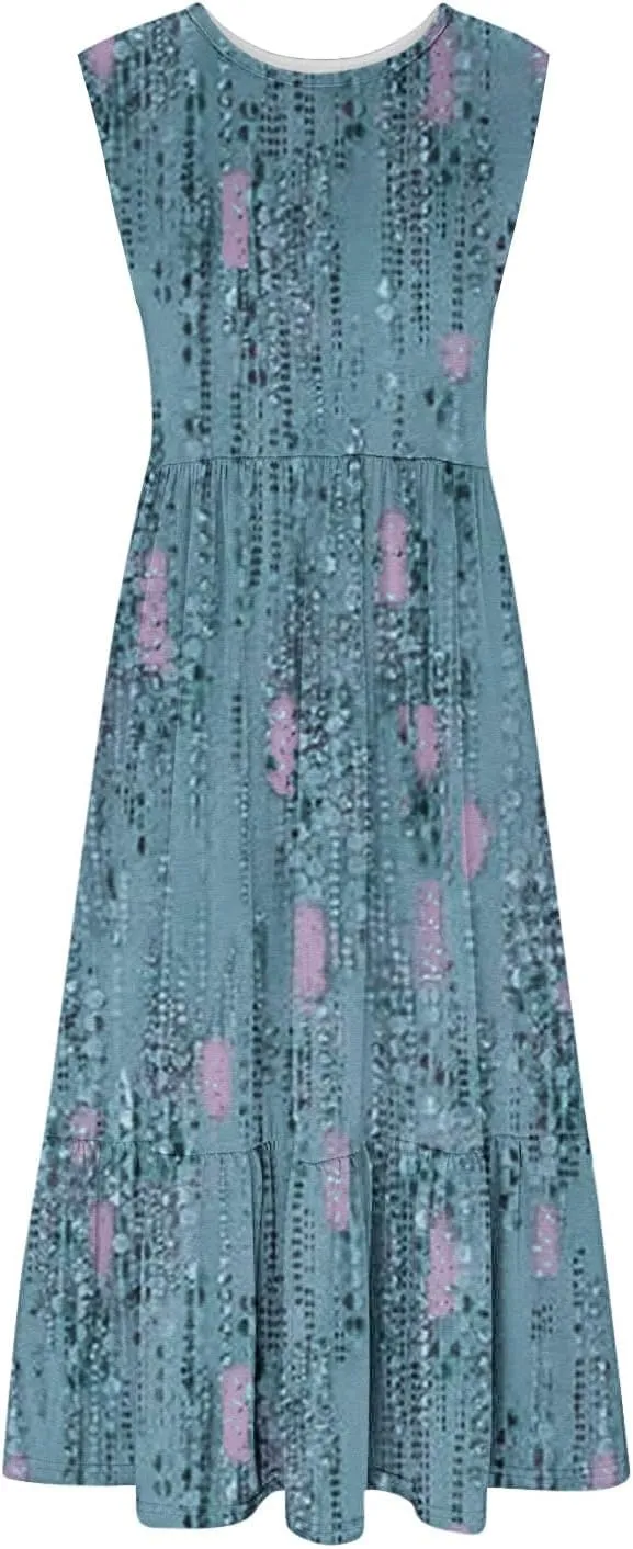 Boho Dresses for Women 2024 High Waist Ruched Maxi Tank Dresses Pockets Summer Hawaiian Dress Vacation Trendy