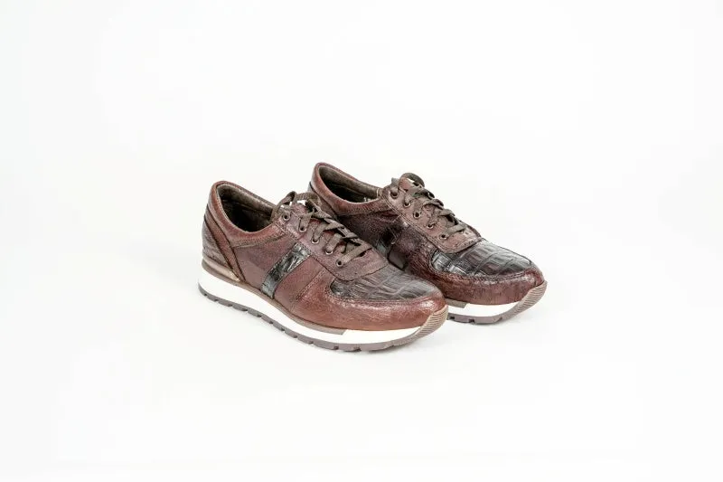 Brown Caiman & Ostrich Quill Sneakers