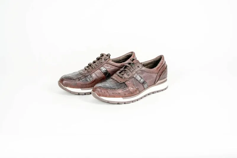 Brown Caiman & Ostrich Quill Sneakers