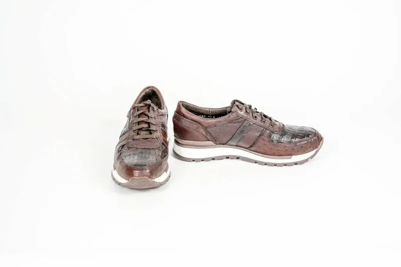Brown Caiman & Ostrich Quill Sneakers