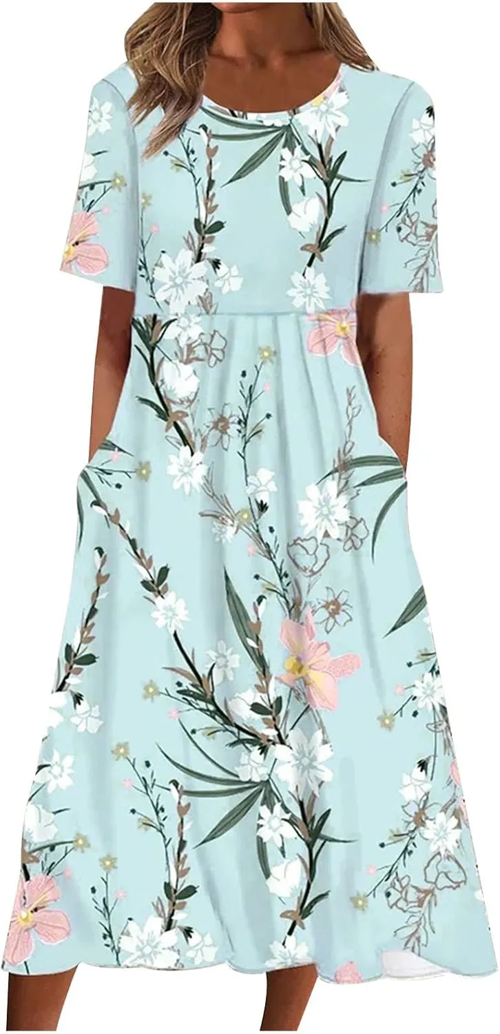 Business Dress for Women Empire Waist Ruched Front Pocket Short Sleeve Maxi Dresses Boho Floral Flowy Summer Dress
