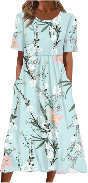 Business Dress for Women Empire Waist Ruched Front Pocket Short Sleeve Maxi Dresses Boho Floral Flowy Summer Dress