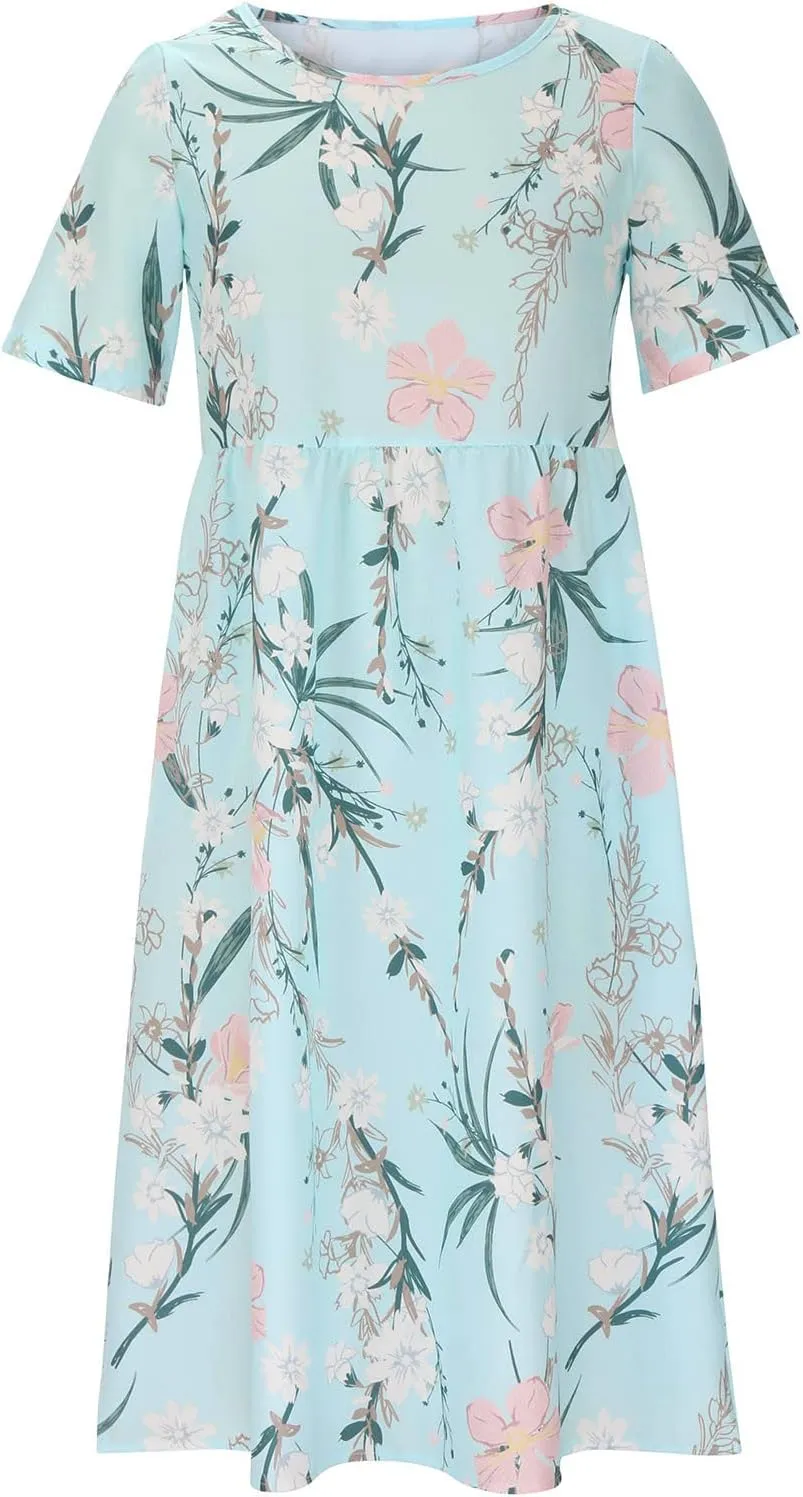 Business Dress for Women Empire Waist Ruched Front Pocket Short Sleeve Maxi Dresses Boho Floral Flowy Summer Dress