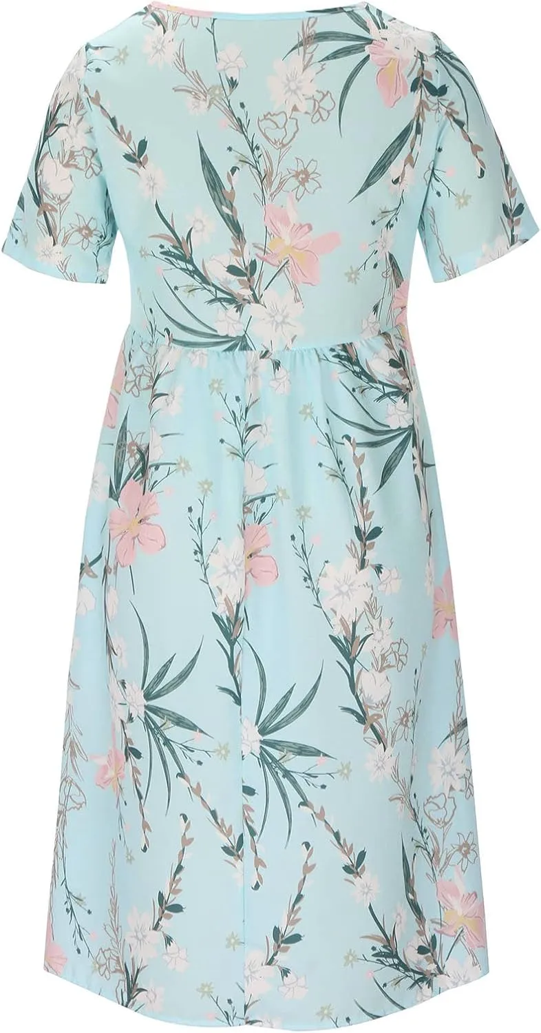 Business Dress for Women Empire Waist Ruched Front Pocket Short Sleeve Maxi Dresses Boho Floral Flowy Summer Dress