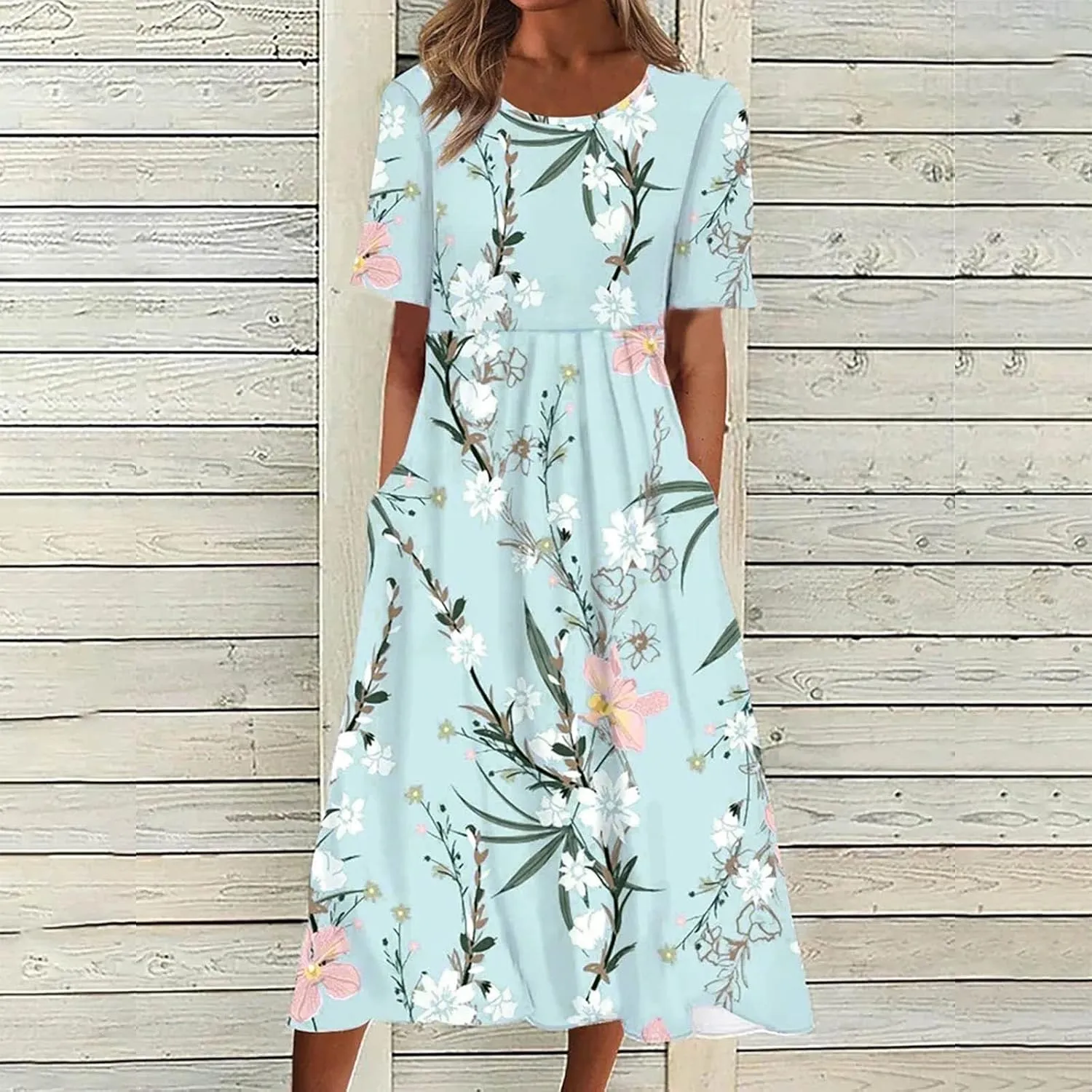 Business Dress for Women Empire Waist Ruched Front Pocket Short Sleeve Maxi Dresses Boho Floral Flowy Summer Dress
