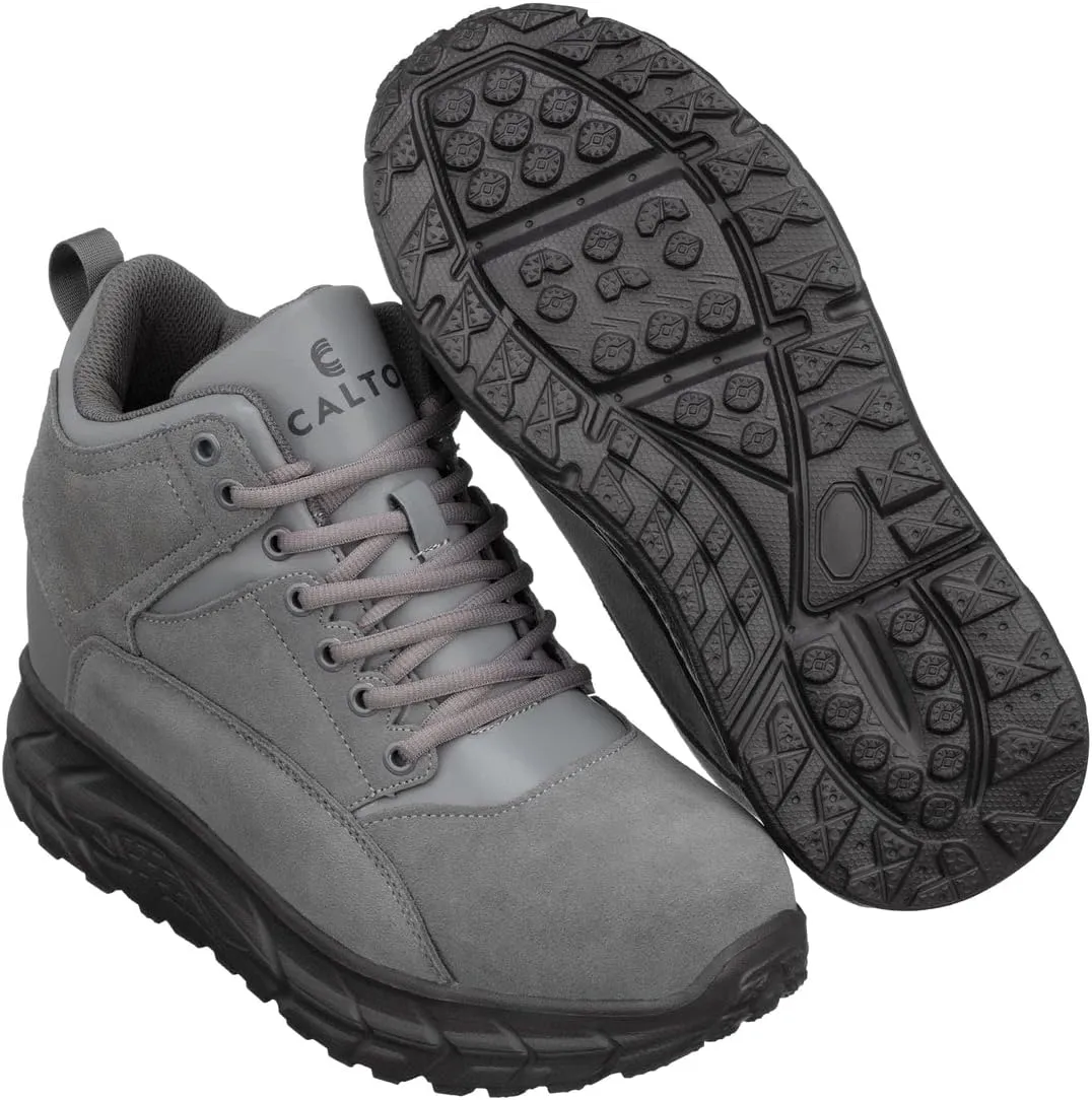 CALTO Men's Invisible Height Increasing Elevator Shoes - Grey Lace-up High-Top Hiking Style Sneaker Boots - 4 Inches Taller - S22800 - Size 8 D(M) US