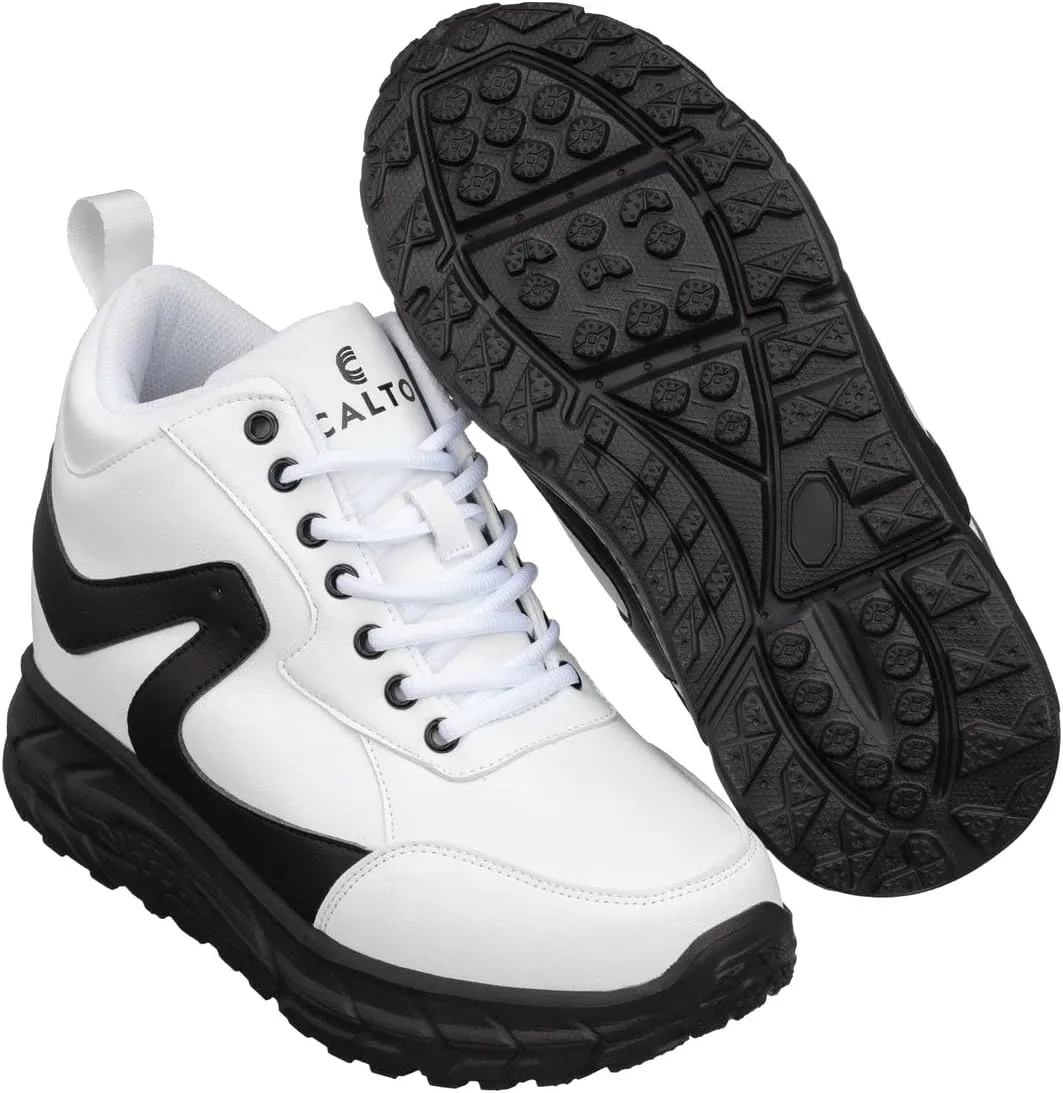 CALTO Men's Invisible Height Increasing Elevator Shoes - White/Black Lace-up High-Top Hiking Style Sneaker Boots - 4 Inches Taller - S22773 - Size 7 D(M) US