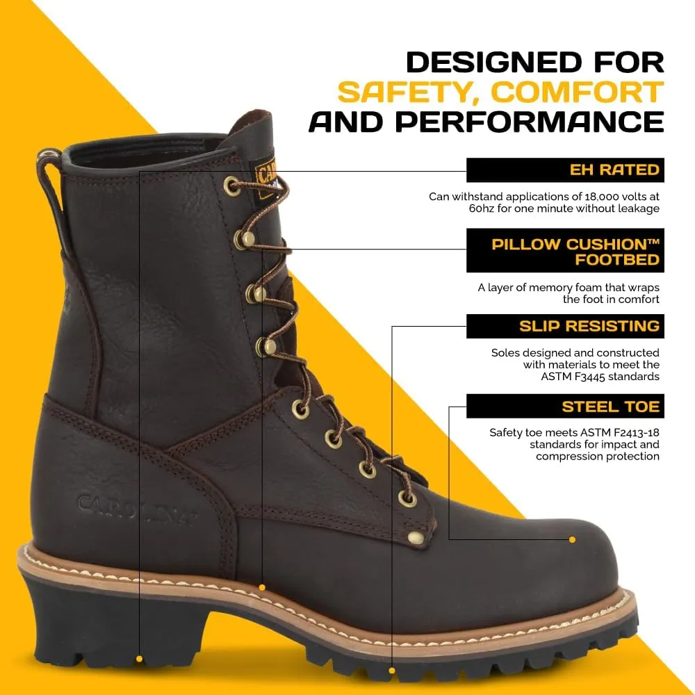 Carolina Elm 8” Steel Toe Logger Work Boots for Men - Rugged Leather Upper with Comfort Footbed, Oil & Slip-Resisting Rubber Lug Outsole, EH Rated