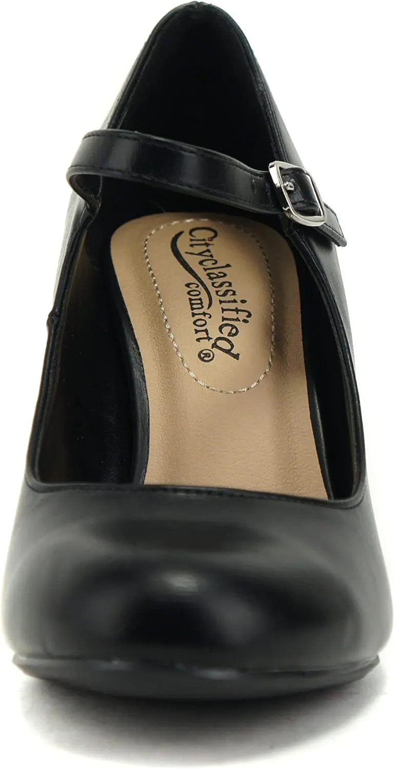 City Classified Comfort Women's Closed Toe Ankle Strap Block Heel