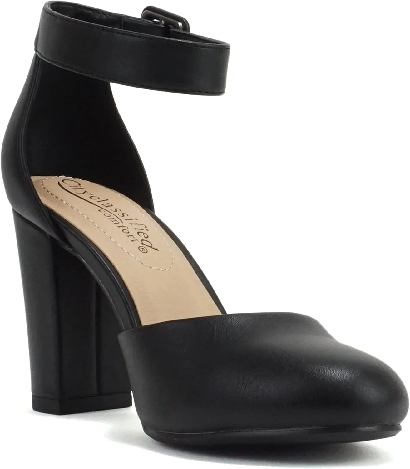 City Classified Comfort Women's Closed Toe Ankle Strap Block Heel