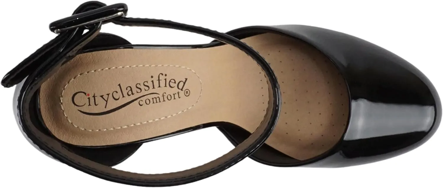 City Classified Comfort Women's Closed Toe Ankle Strap Block Heel
