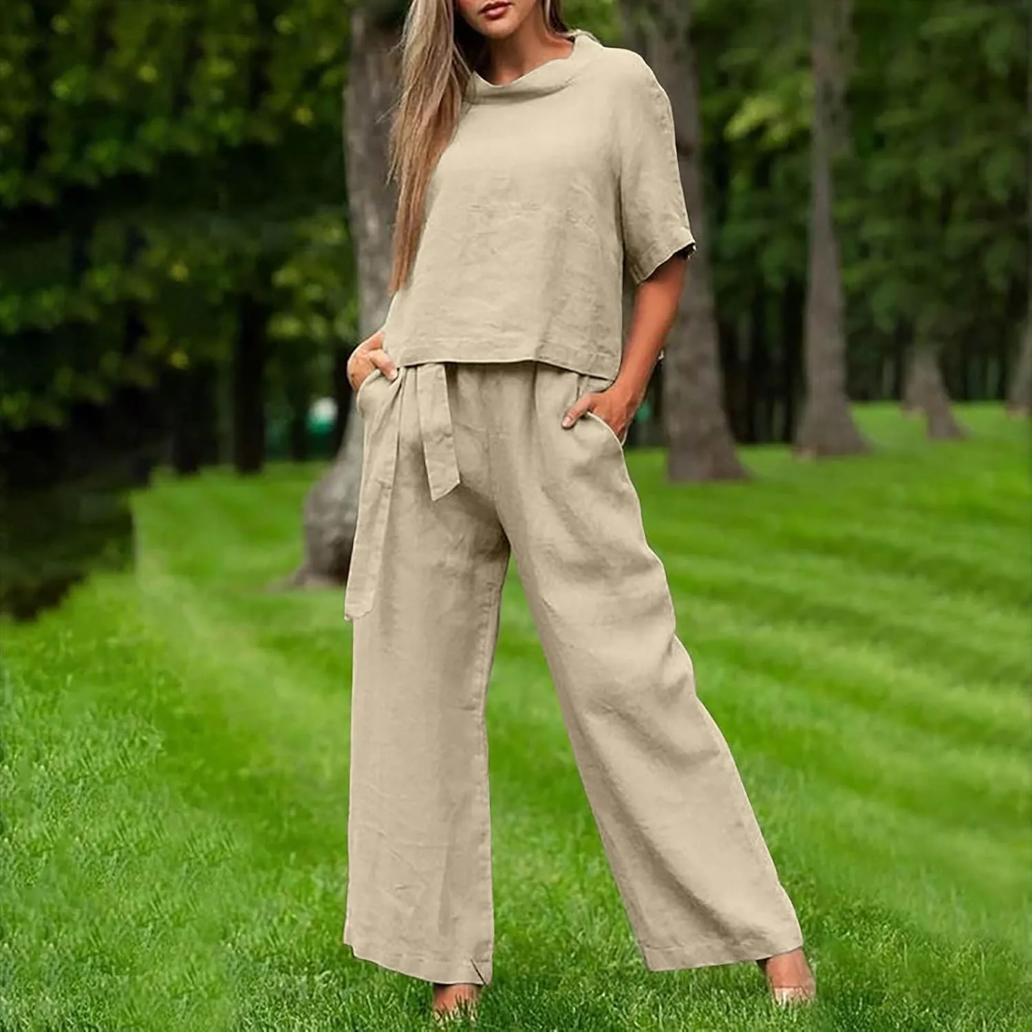 Cotton Linen Two Piece Set For Women Summer Vacation Outfits Sets Short Sleeve Tops Wide Leg Pants Matching Lounge Set