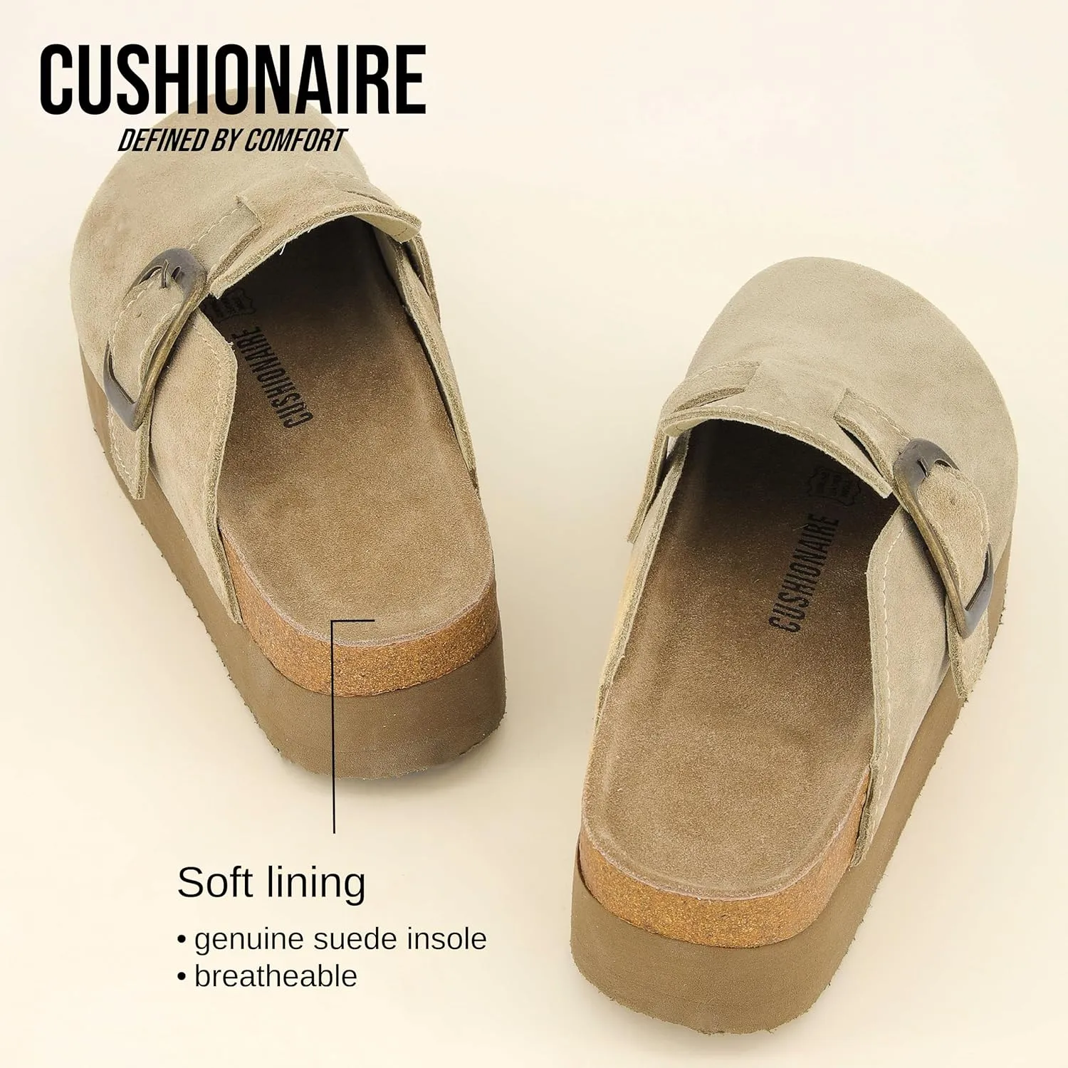 CUSHIONAIRE Women's Granola *Previous Buckle Issue Fixed* Genuine Suede Cork Footbed Platform Clog,  Comfort, Wide Widths Available