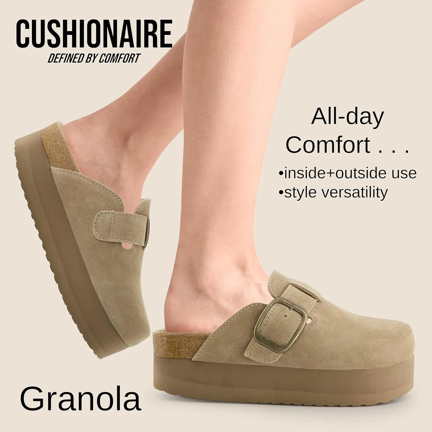 CUSHIONAIRE Women's Granola *Previous Buckle Issue Fixed* Genuine Suede Cork Footbed Platform Clog,  Comfort, Wide Widths Available