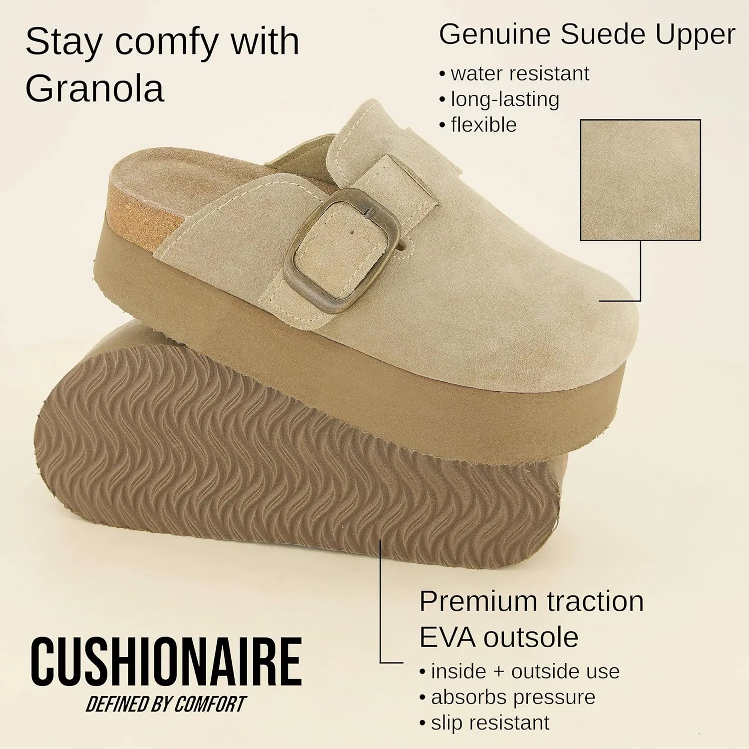 CUSHIONAIRE Women's Granola *Previous Buckle Issue Fixed* Genuine Suede Cork Footbed Platform Clog,  Comfort, Wide Widths Available