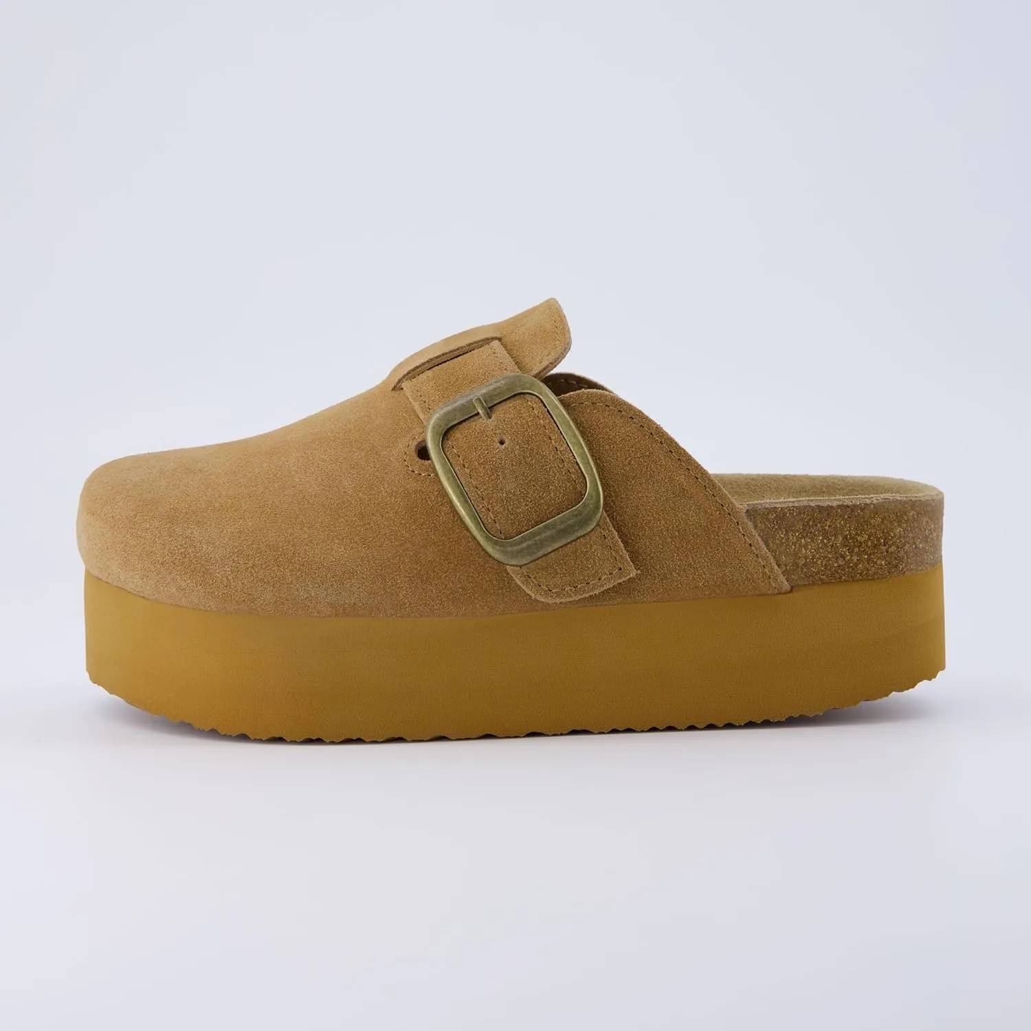 CUSHIONAIRE Women's Granola *Previous Buckle Issue Fixed* Genuine Suede Cork Footbed Platform Clog,  Comfort, Wide Widths Available