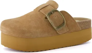 CUSHIONAIRE Women's Granola *Previous Buckle Issue Fixed* Genuine Suede Cork Footbed Platform Clog,  Comfort, Wide Widths Available