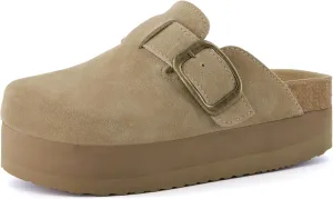 CUSHIONAIRE Women's Granola *Previous Buckle Issue Fixed* Genuine Suede Cork Footbed Platform Clog,  Comfort, Wide Widths Available