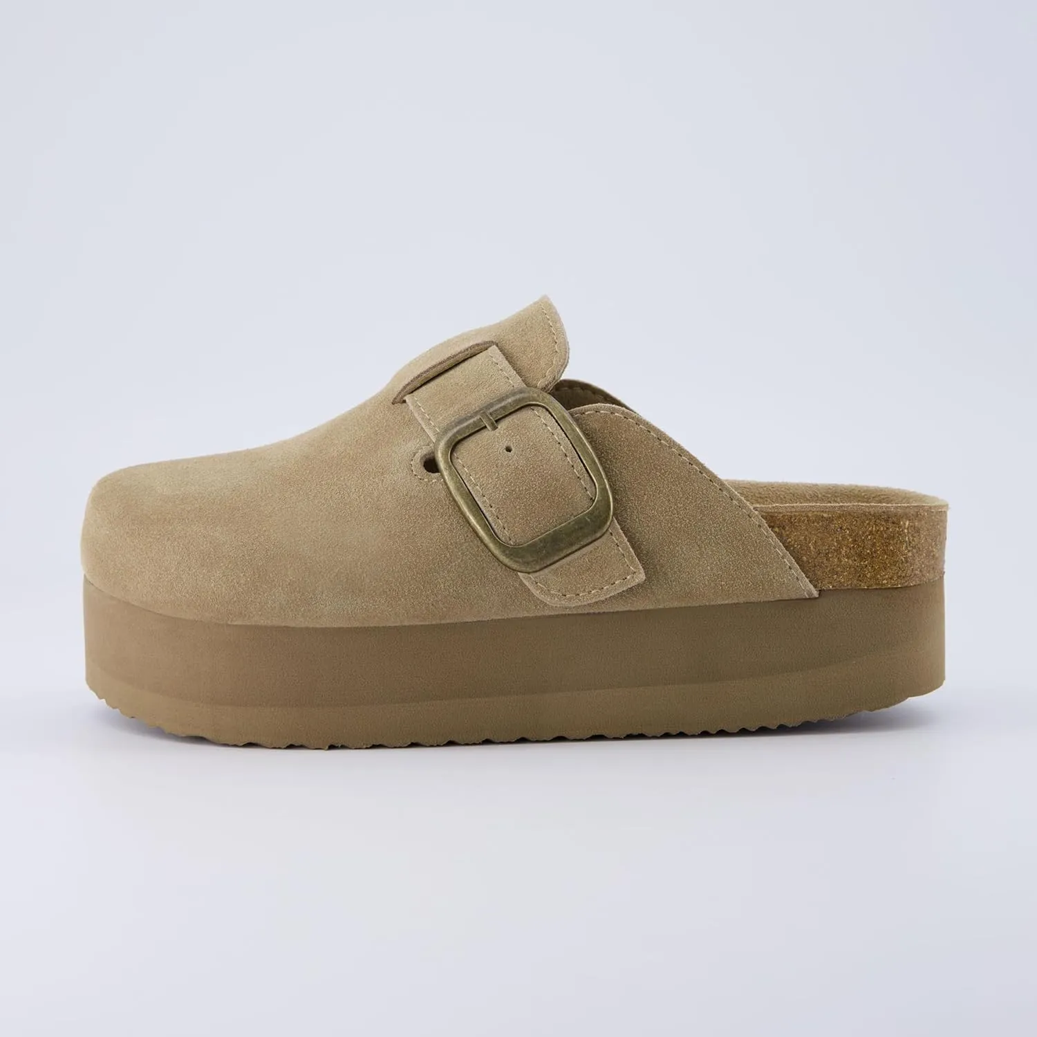 CUSHIONAIRE Women's Granola *Previous Buckle Issue Fixed* Genuine Suede Cork Footbed Platform Clog,  Comfort, Wide Widths Available