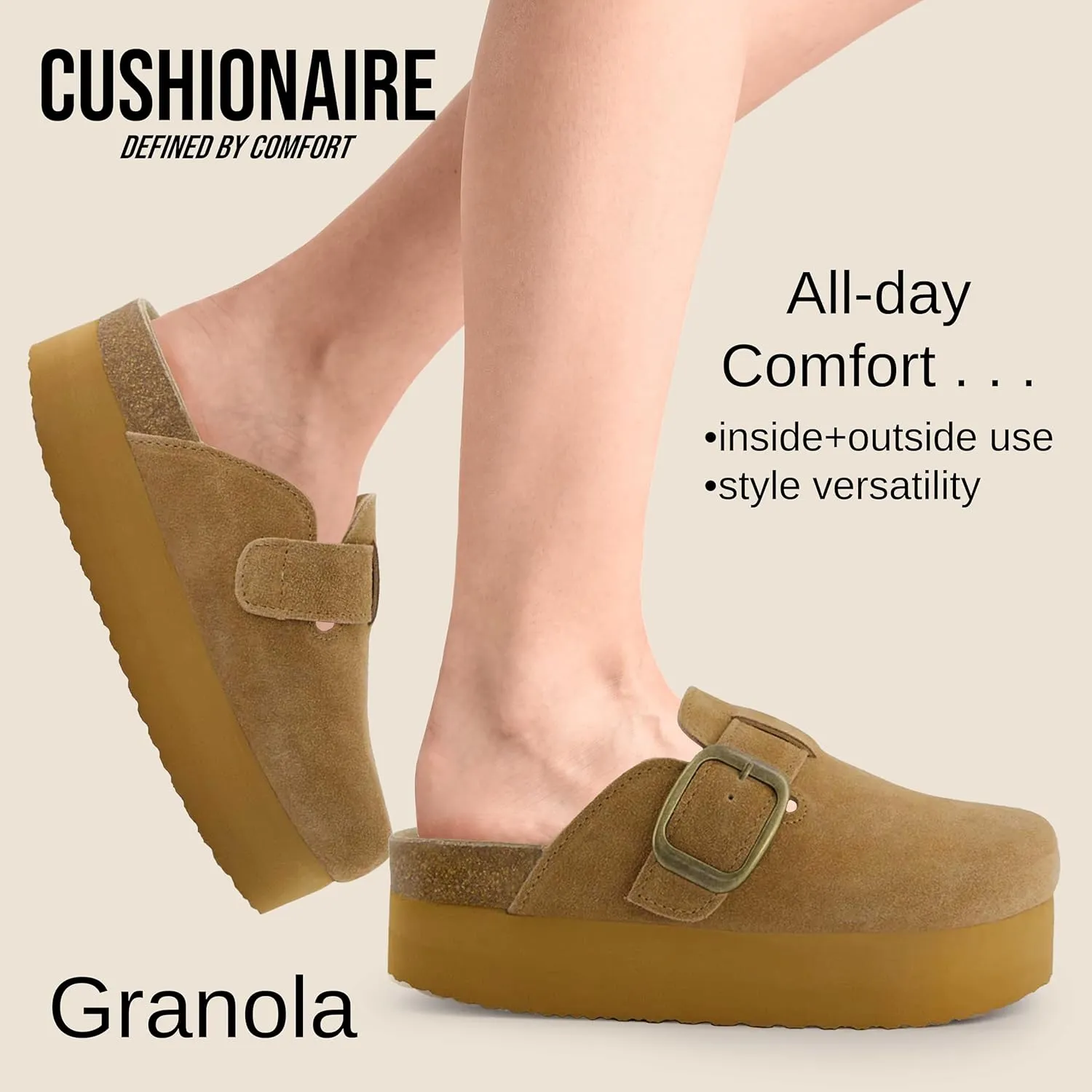 CUSHIONAIRE Women's Granola *Previous Buckle Issue Fixed* Genuine Suede Cork Footbed Platform Clog,  Comfort, Wide Widths Available