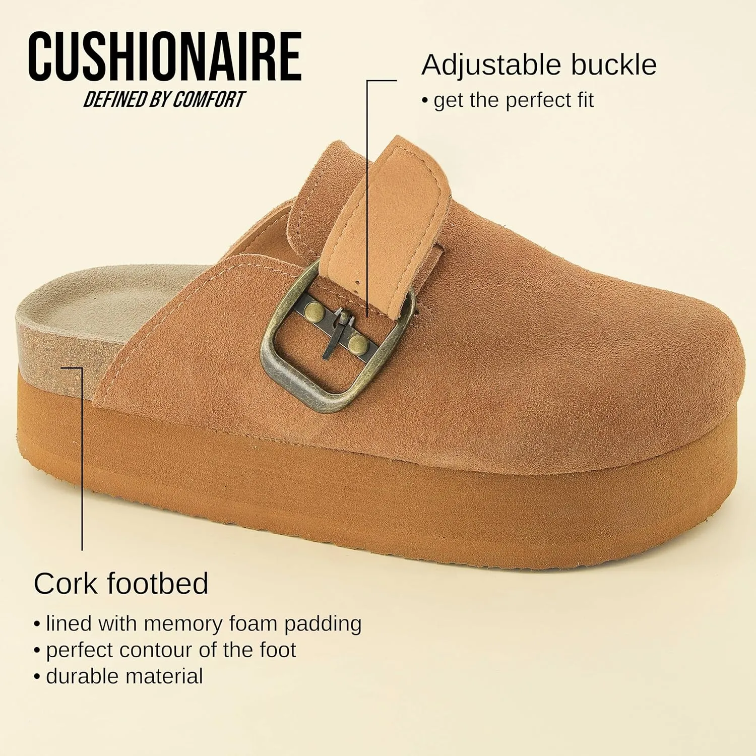 CUSHIONAIRE Women's Granola *Previous Buckle Issue Fixed* Genuine Suede Cork Footbed Platform Clog,  Comfort, Wide Widths Available