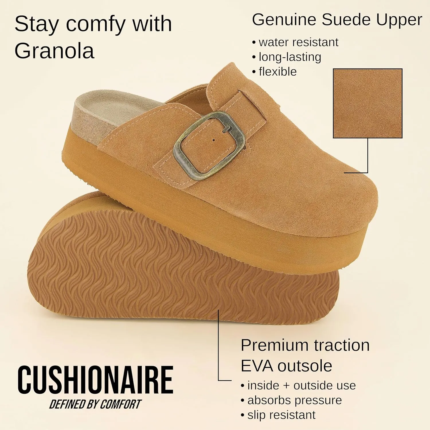 CUSHIONAIRE Women's Granola *Previous Buckle Issue Fixed* Genuine Suede Cork Footbed Platform Clog,  Comfort, Wide Widths Available