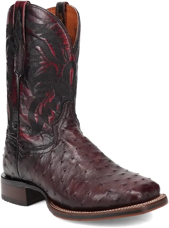 Dan Post Boots Mens Alamosa Embroidered Ostrich Square Toe Pull On Dress Boots Mid Calf - Red