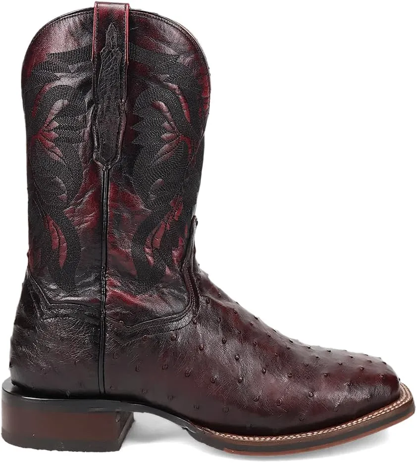 Dan Post Boots Mens Alamosa Embroidered Ostrich Square Toe Pull On Dress Boots Mid Calf - Red