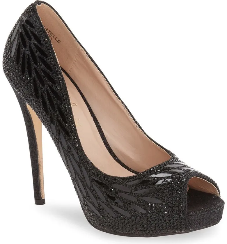 Diverse options Pumps Toe Price guarantee Lorraine Estelle Black Glitter Peep Lauren Fashion Rhinestone Dress