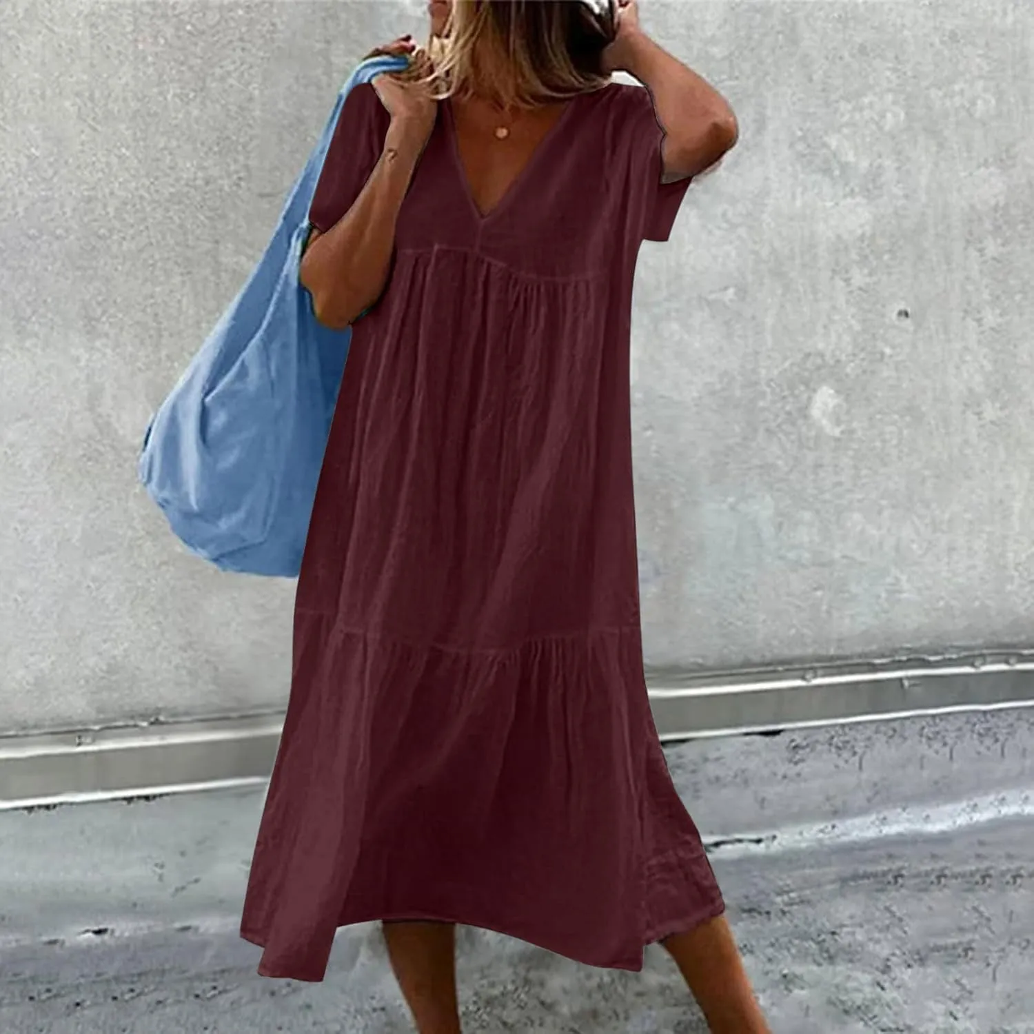 Dresses for Women 2024 Casual Tiered Gradient Summer Flowy Dresses V Neck Short Sleeve Loose Maxi Sundress Dresses