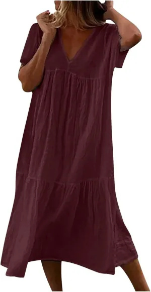 Dresses for Women 2024 Casual Tiered Gradient Summer Flowy Dresses V Neck Short Sleeve Loose Maxi Sundress Dresses