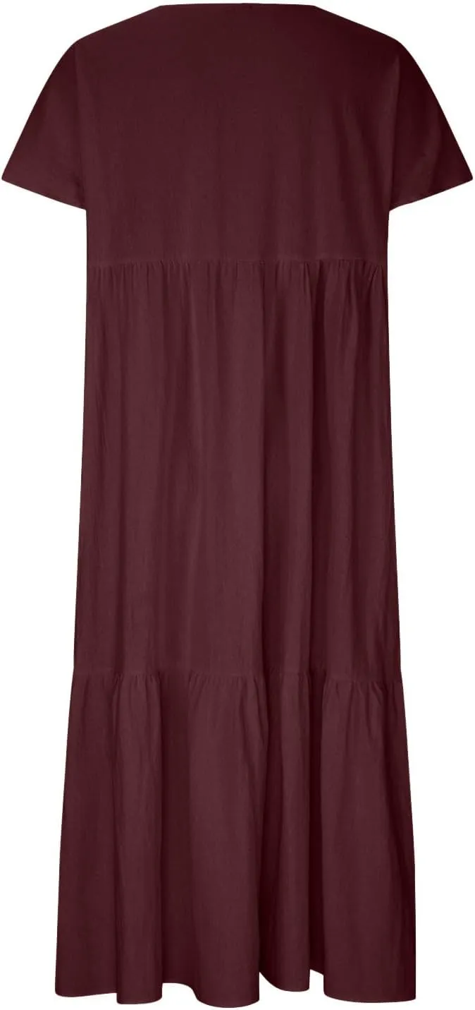 Dresses for Women 2024 Casual Tiered Gradient Summer Flowy Dresses V Neck Short Sleeve Loose Maxi Sundress Dresses
