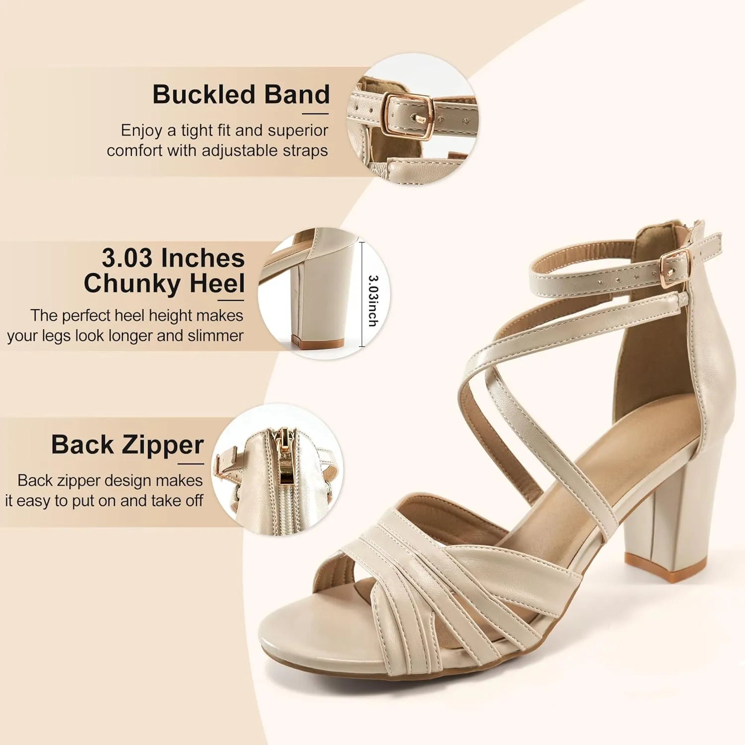 Ecetana Womens Sandals Chunky Heel Dressy Open Toe Buckle Ankle Strap Back Zipper Sexy Block Shoes for Party Wedding