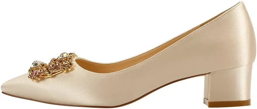ERIJUNOR Women Comfort Chunky Heel Pointed Toe Rhinestone Wedding Evening Satin Shoes for Bride
